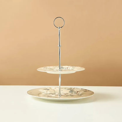 Elegant Two-Tiered Floral Cupcake Stand – Porcelain Dessert Server with Silver Accents for Afternoon Tea