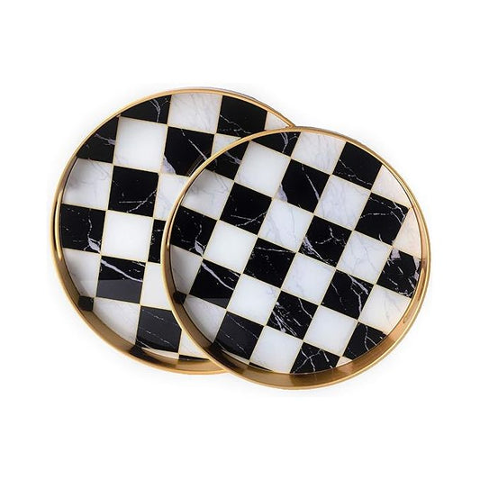 Chic Checkers: Black & White Glass Tray With Metal Gold Rim (Single)