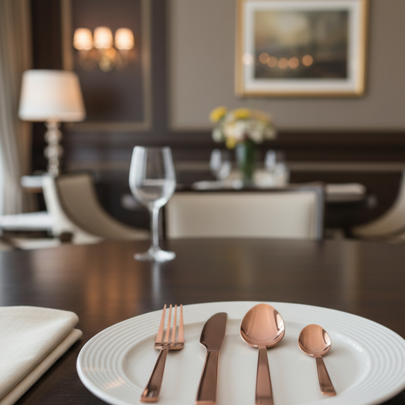 Dining table setting with gold cutlery on a white plate in a restaurant.