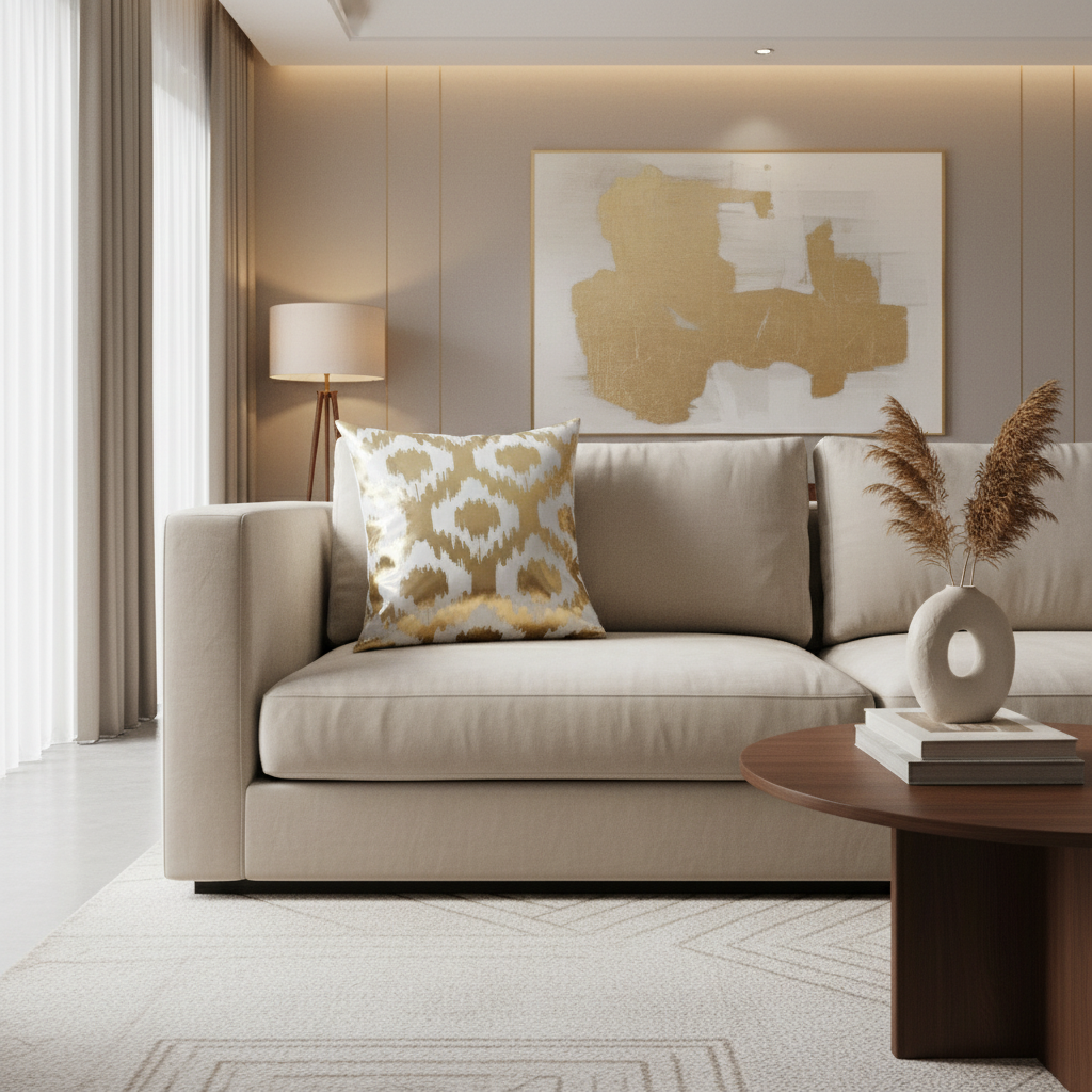 Modern living room with beige sofa, decorative pillow, and wall art.
