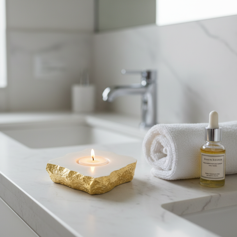 Ceramic candle holder with gold rim holding a lit candle on a wooden surface.