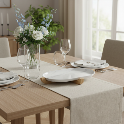 Dining table set with plates, glasses, and a vase of flowers in a bright room.