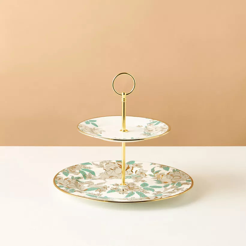 Elegant Two-Tiered Floral Cupcake Stand – Ceramic Dessert Server with Gold Accents for Afternoon Tea & Parties