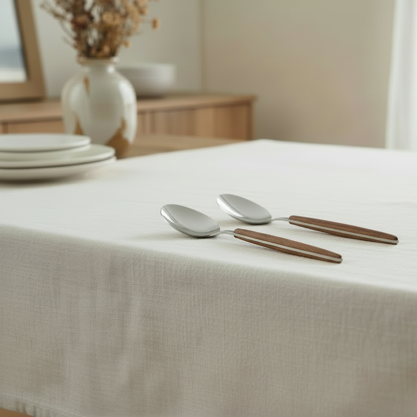 Two spoons on a white tablecloth with a blurred background of a dining area.