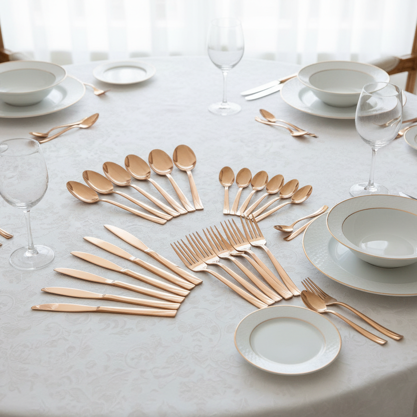 Rose gold cutlery set on a white tablecloth with plates and glasses.