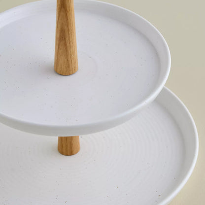 Modern Nordic 2-Tier Cupcake Stand – White Speckled Ceramic Plates with Natural Wood Handle