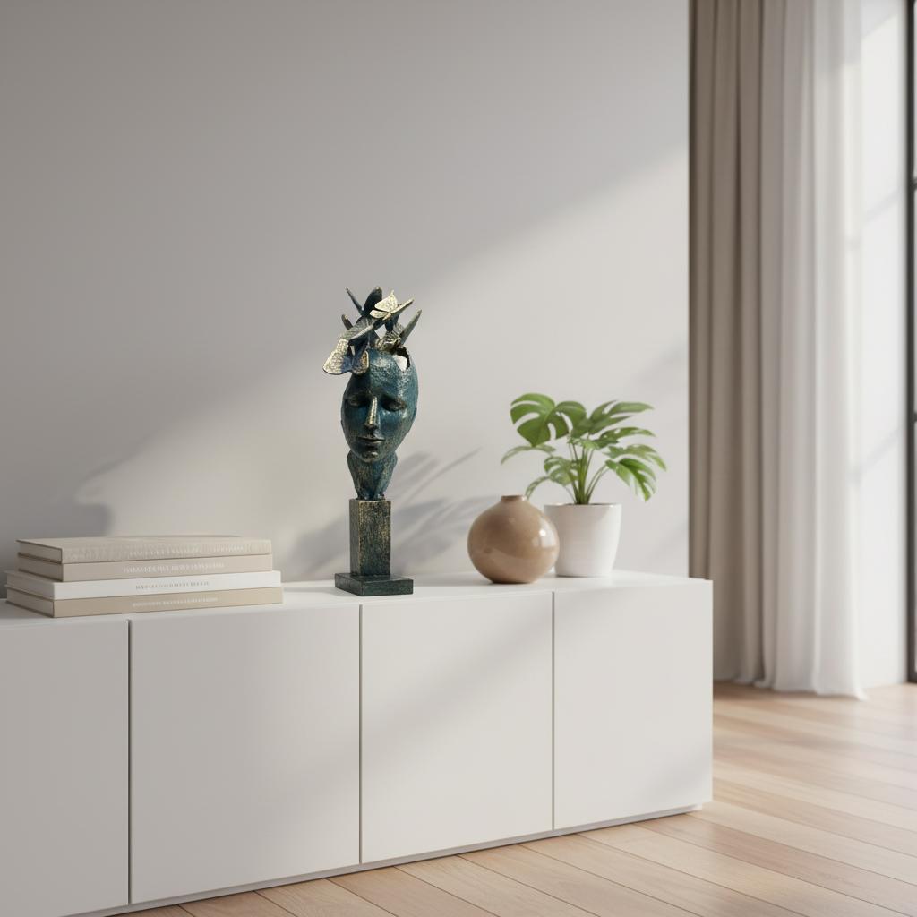 Modern interior with a white cabinet, decorative statue, books, and a plant.