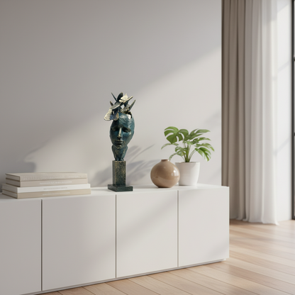 Modern interior with a white cabinet, decorative statue, books, and a plant.
