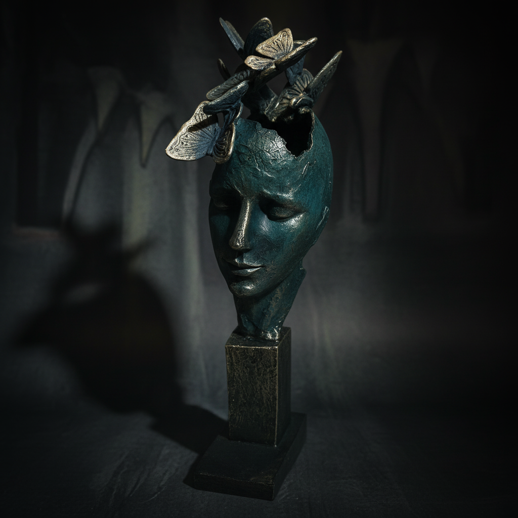 Bronze sculpture of a face with butterfly wings on a dark background