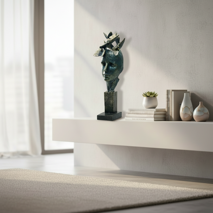 Decorative sculpture on a white shelf with books and vases in a modern interior setting.