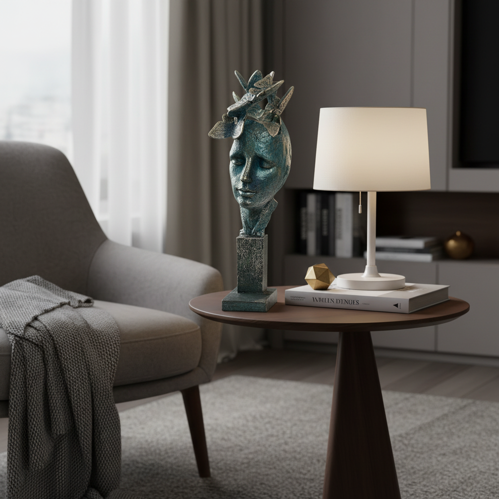Living room with a gray armchair, round wooden table, and decorative items.