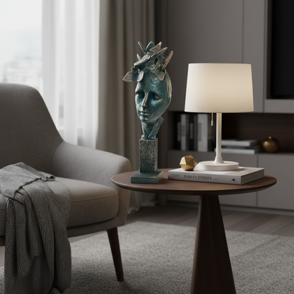 Living room with a gray armchair, round wooden table, and decorative items.