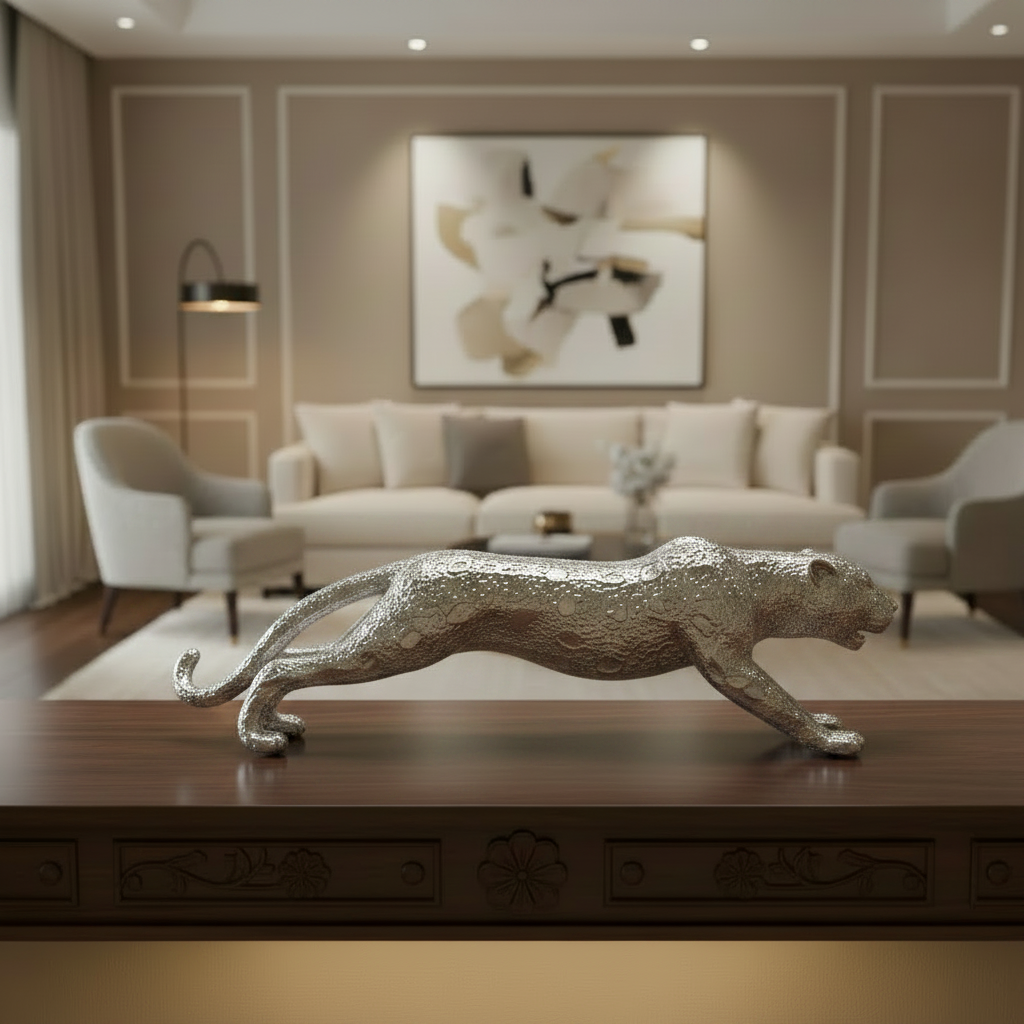 A textured silver leopard sculpture displayed on a dark wooden console table in a modern, elegant living room with beige walls, a sofa, and armchairs.