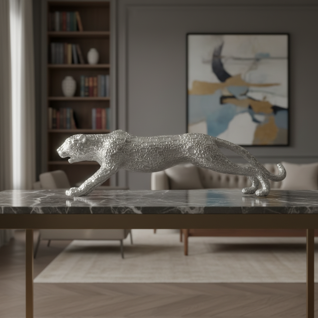 A silver metallic leopard figurine with a textured, glittering finish, posed in a dynamic crouching stance on a dark marble-topped table in a modern, stylishly decorated living room.