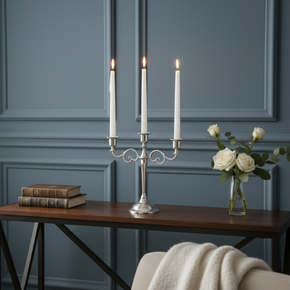 Silver candelabra with three white candles on a wooden surface against a gray paneled wall.