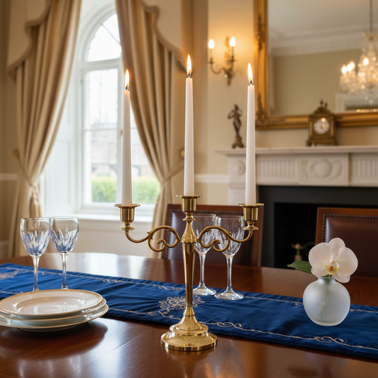 Dining table setting with gold candelabra, white candles, wine glasses, and a blue runner.