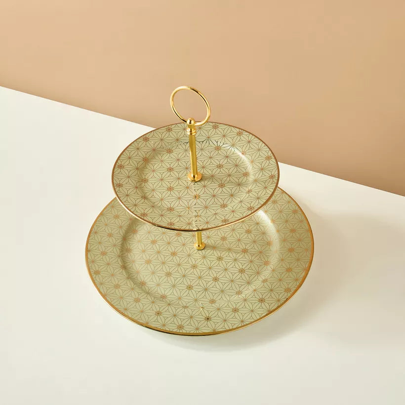 Art Deco Gold Geometric 2-Tier Cupcake Stand – Elegant Porcelain Dessert Server with Modern Appeal