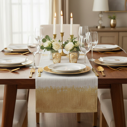 Elegant dining table setting with gold and white decor