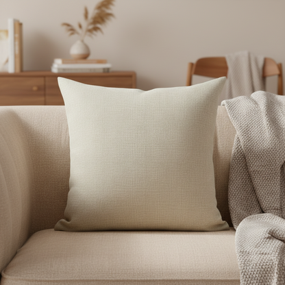 Beige pillow on a beige sofa in a cozy living room setting.