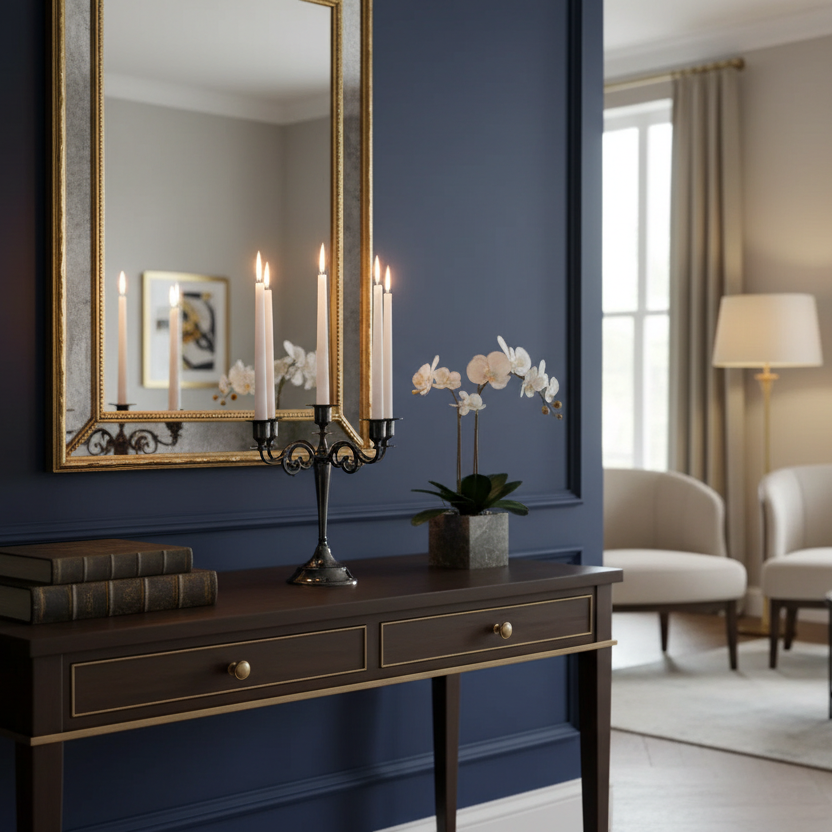 Living room with dark blue wall, wooden console table, and beige chairs.