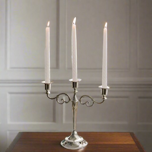 Sterling Glow: Elegant Silver Three-Arm Candelabra