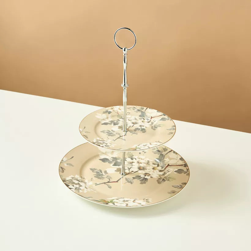 Elegant Two-Tiered Floral Cupcake Stand – Porcelain Dessert Server with Silver Accents for Afternoon Tea