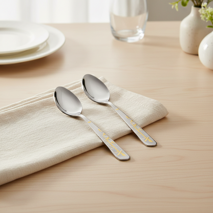 Two silver spoons on a beige napkin with a blurred background of a dining table.