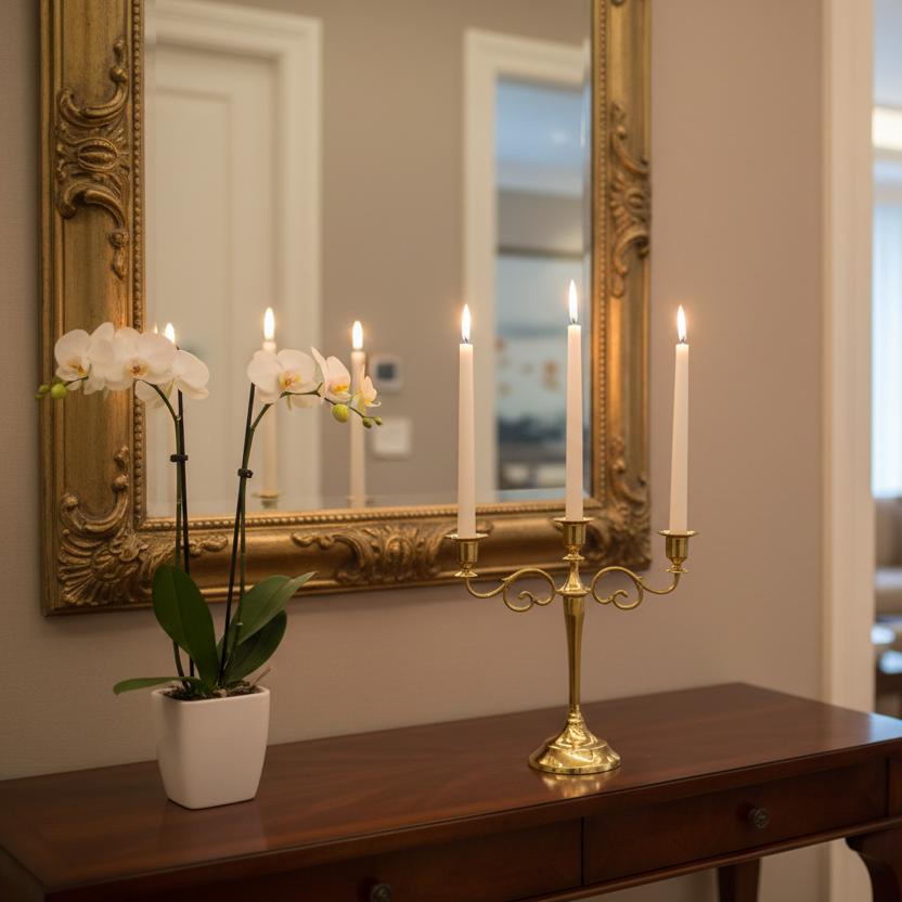Decorative setup with a gold candelabra, potted orchid, and candles in front of a mirror.