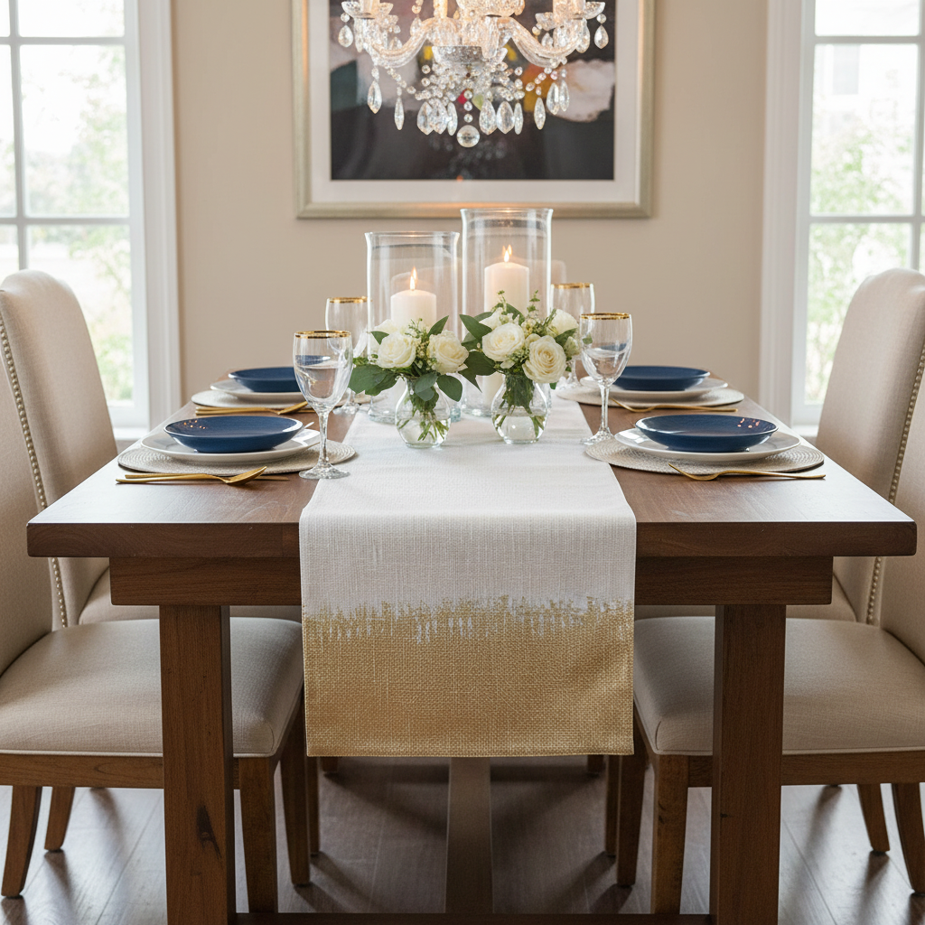 Dining room table set for a meal with candles, flowers, and place settings.