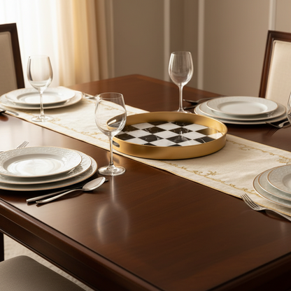 Dining table set with plates, glasses, and a checkered tray in a well-lit room.