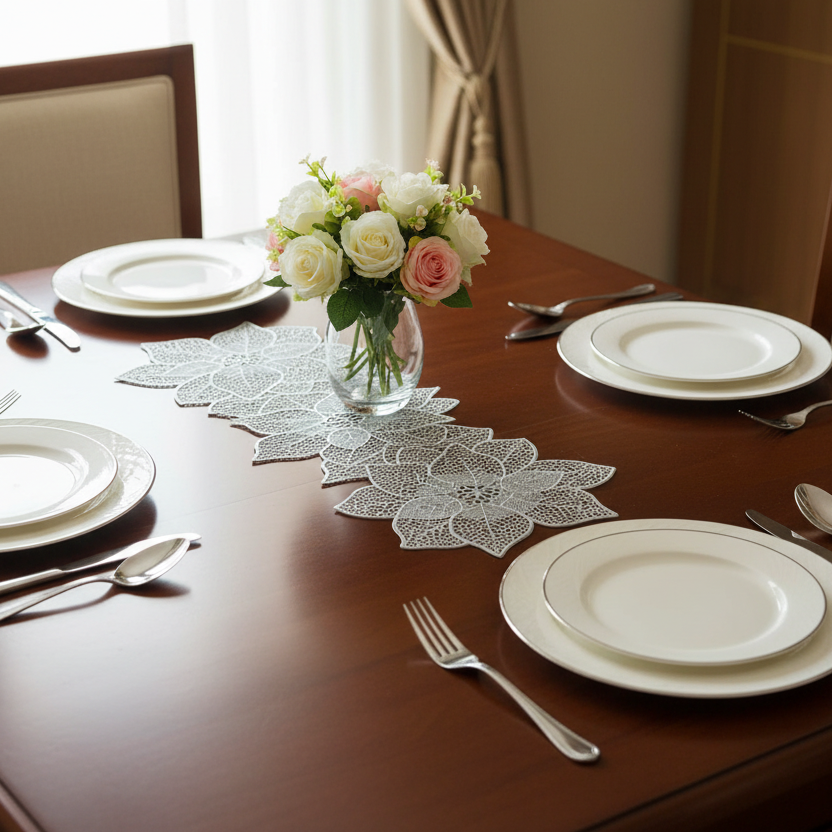 Dining table set with plates, cutlery, and a vase of flowers on a lace runner.