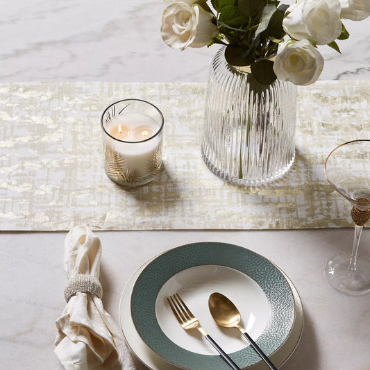 Opulent Gold & White Abstract Table Runner – Luxurious Metallic Weave for Modern Tables