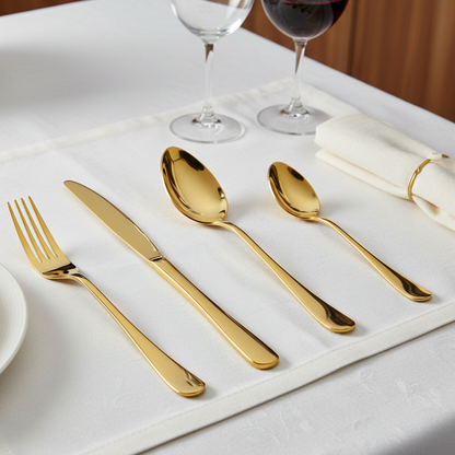 Set of gold cutlery on a white tablecloth with wine glasses in the background.