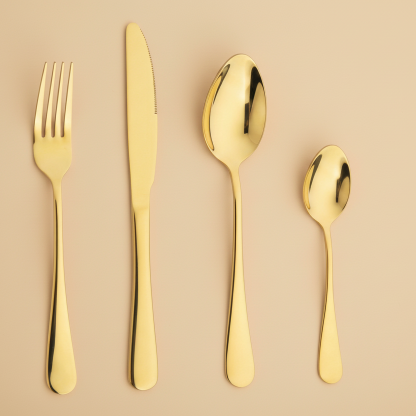 Set of gold cutlery including fork, knife, and two spoons on a beige background