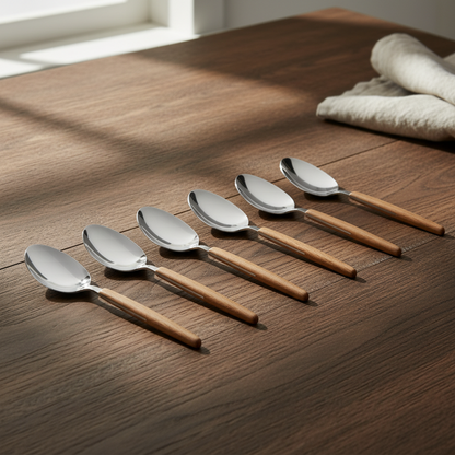 Set of six spoons with wooden handles on a wooden surface