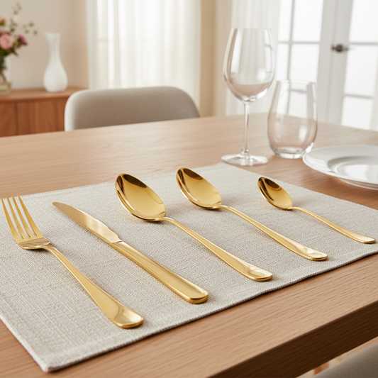 Set of gold cutlery on a placemat with a dining table setting in the background.