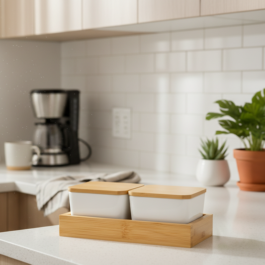Modern Pantry: Dual Condiment Server with Bamboo Tray