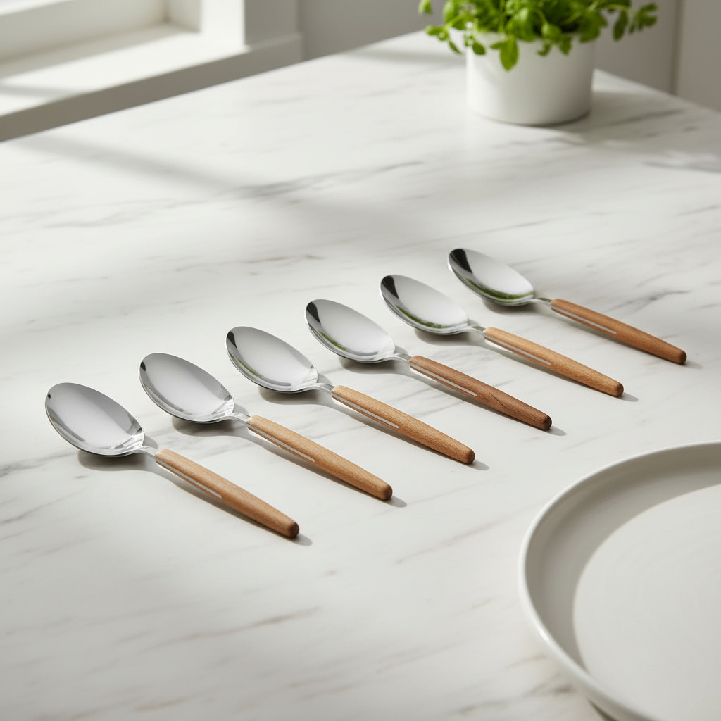 Set of eight spoons with wooden handles on a light gray background