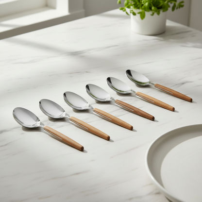 Set of eight spoons with wooden handles on a light gray background