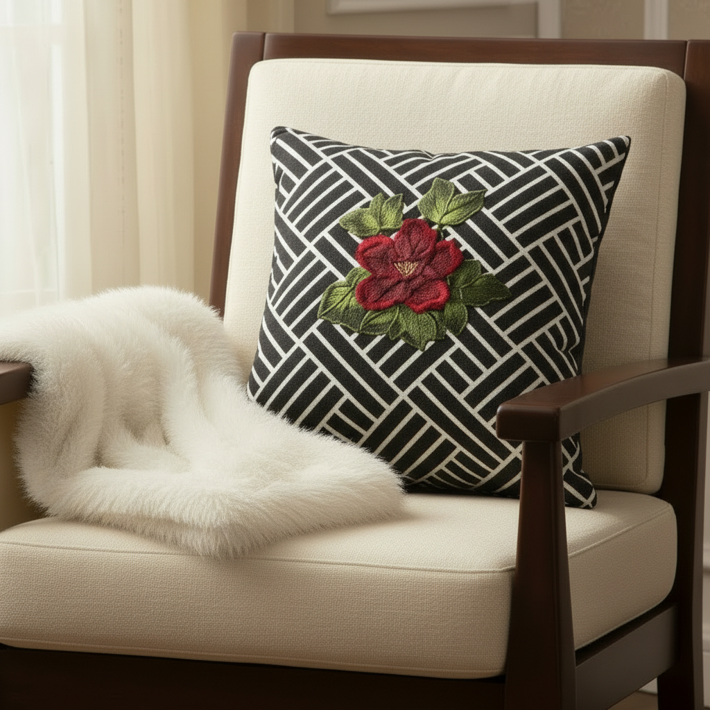 Decorative pillow with floral design on a textured surface