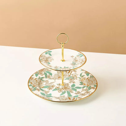 Elegant Two-Tiered Floral Cupcake Stand – Ceramic Dessert Server with Gold Accents for Afternoon Tea & Parties