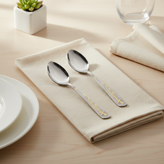 Elegant Stainless Steel Dessert spoons Set with Gold Motif - 12-Piece Cutlery Collection