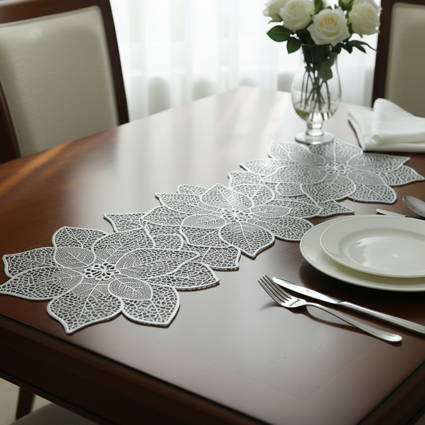 Decorative lace placemats on a set dining table with cutlery and a vase of flowers.