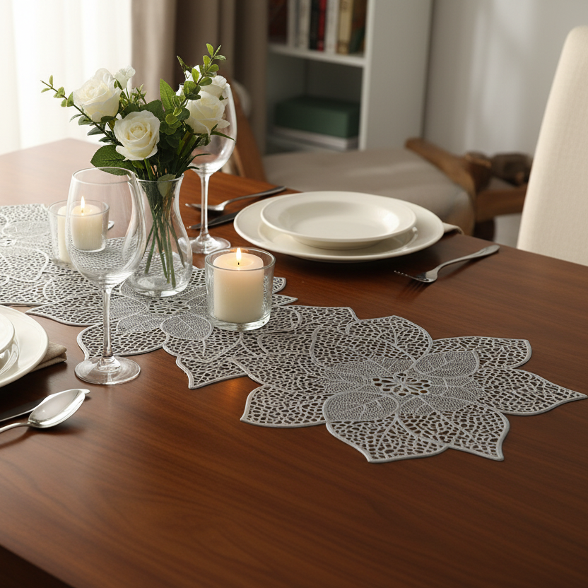 Dining table set with lace table runner, candles, and flowers in a home setting.