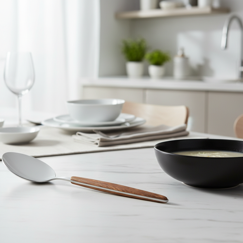 Dining table setting with a spoon, bowl, and plates in a kitchen.