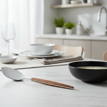 Dining table setting with a spoon, bowl, and plates in a kitchen.