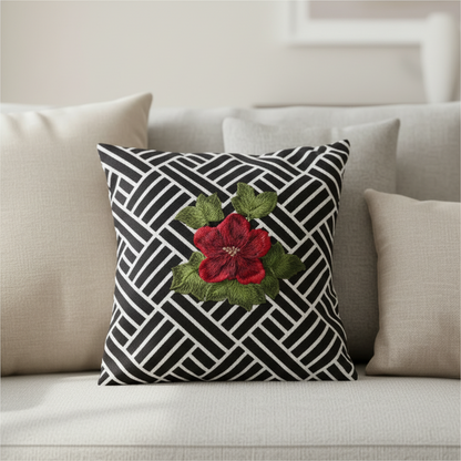 Decorative pillow with floral design on a beige sofa
