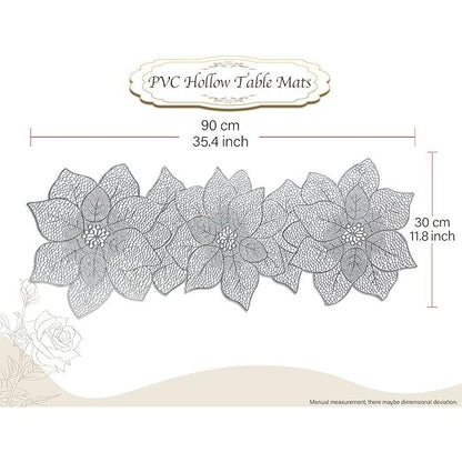 Elegant Silver PVC Floral Cutout Table Runner – Decorative Hollow Lace Design for Modern Dining