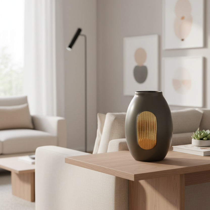 Decorative vase on a coffee table in a modern living room