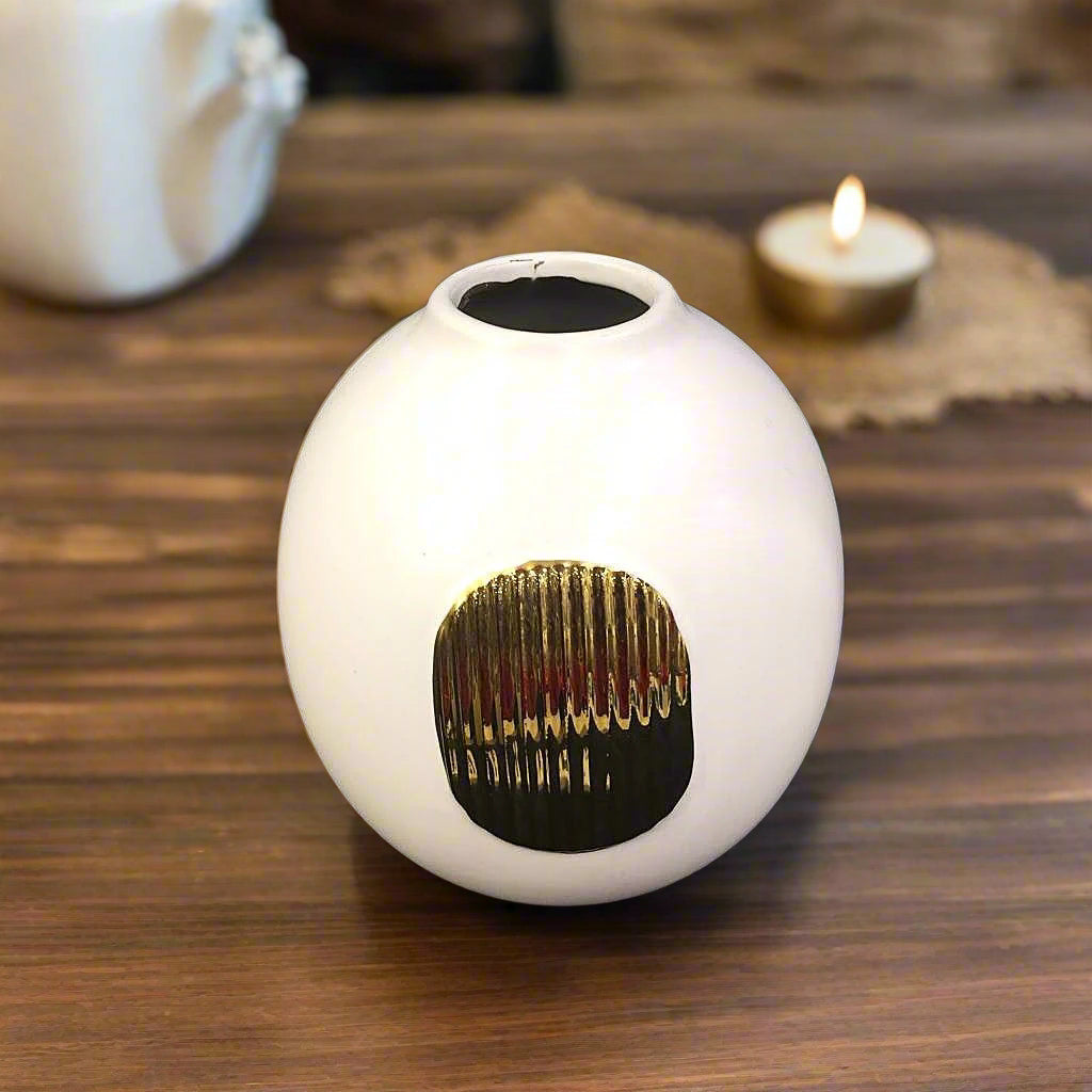 Whisper of Gold: White Ceramic Vase with Subtle Glimmer
